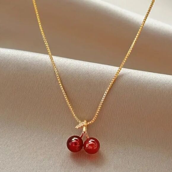 Chic 3pcs Set Cherry Pendant Necklace & Earrings - Picture 11 of 13